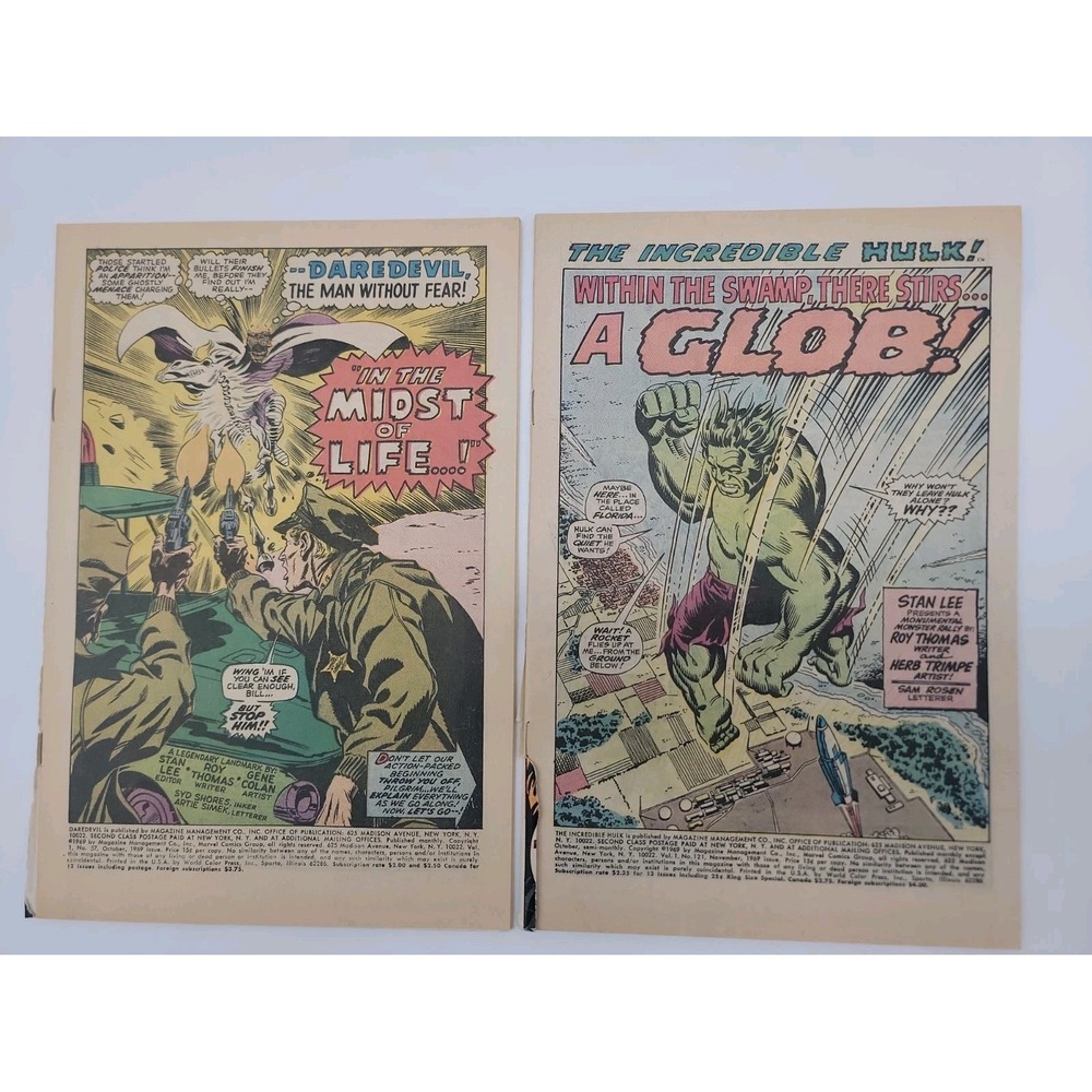 Incredible Hulk #121 Trimpe 1st & Origin Glob & '69 Daredevil 57 Coverless Nice